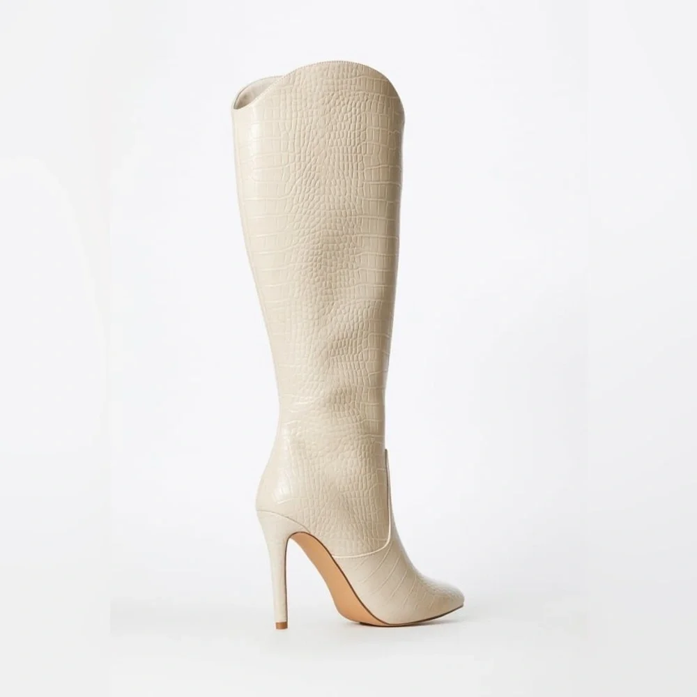 SHOEDAZZLE Women Paige Stiletto Beige Knee-High Boots Crock Embossed Size 10 New - Picture 4 of 14